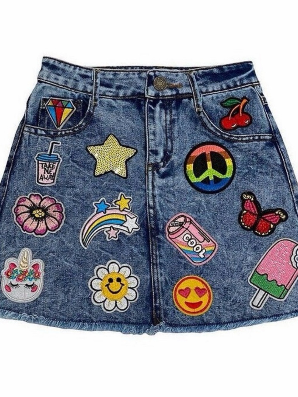 Lola + The Boys Blue Denim Patchwork Mini Skirt with Colorful Patches